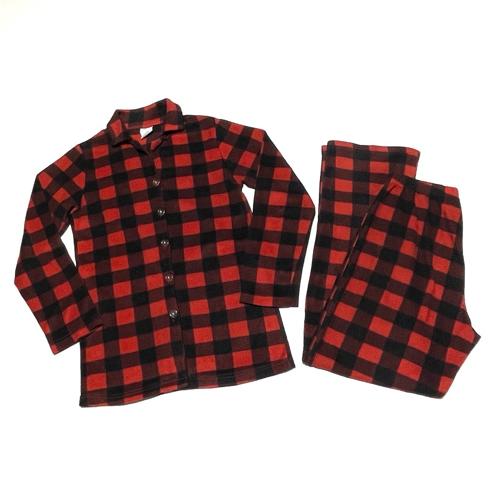 Totally Pink Women's Pajama Set Small Red‎ Black Buffalo Plaid Fleece Button Top